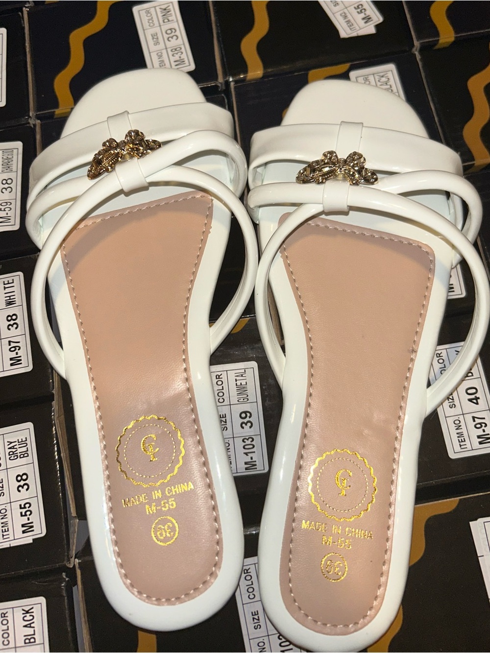 Women’s White Strappy Slide Sandals with Gold Accent